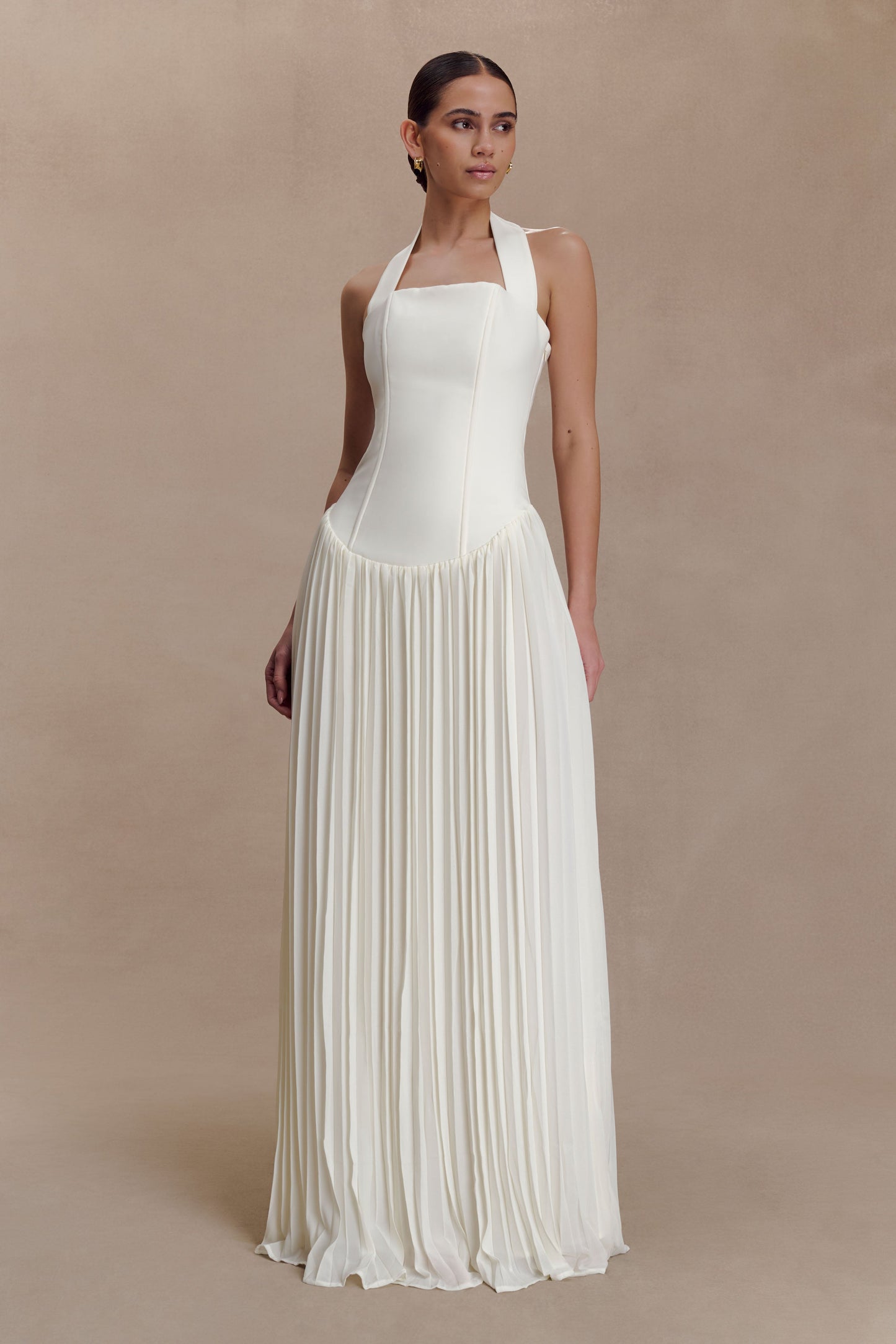 Stacie Pileli Halter Maxi Elbise - Krem