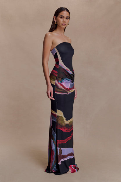 Madison Strapless Slinky Maxi Dress - Multi Fluid Reverie Print