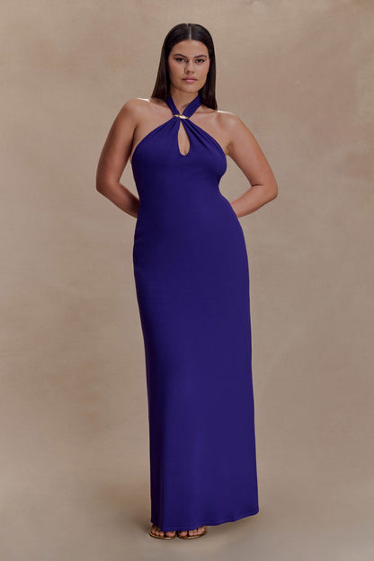 Ozias Halter Semi Sheer Knit Maxi Dress - Deep Purple