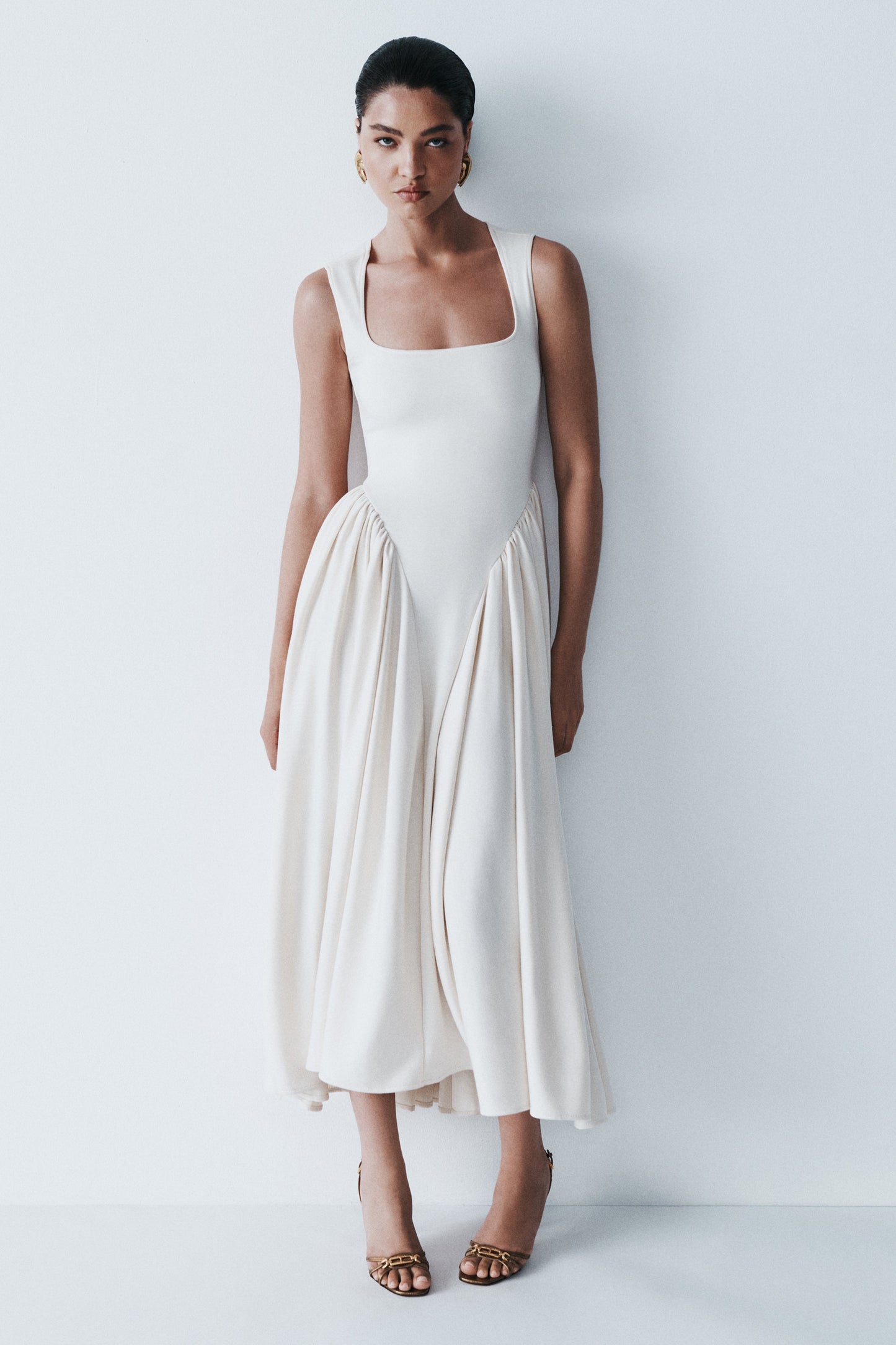 Sharon Scuba Jersey Midi Elbise - Krem