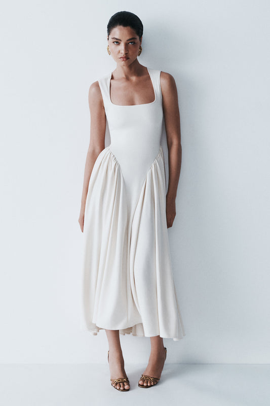 Sharon Scuba Jersey Midi Elbise - Krem