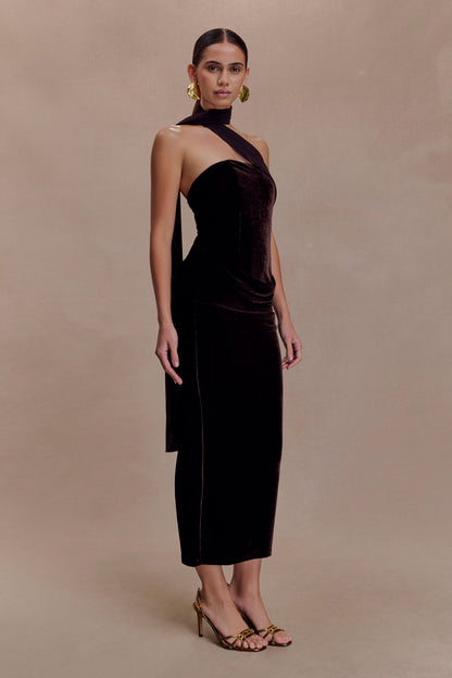 Mattea Velvet Midi Dress With Scarf - Chocolate