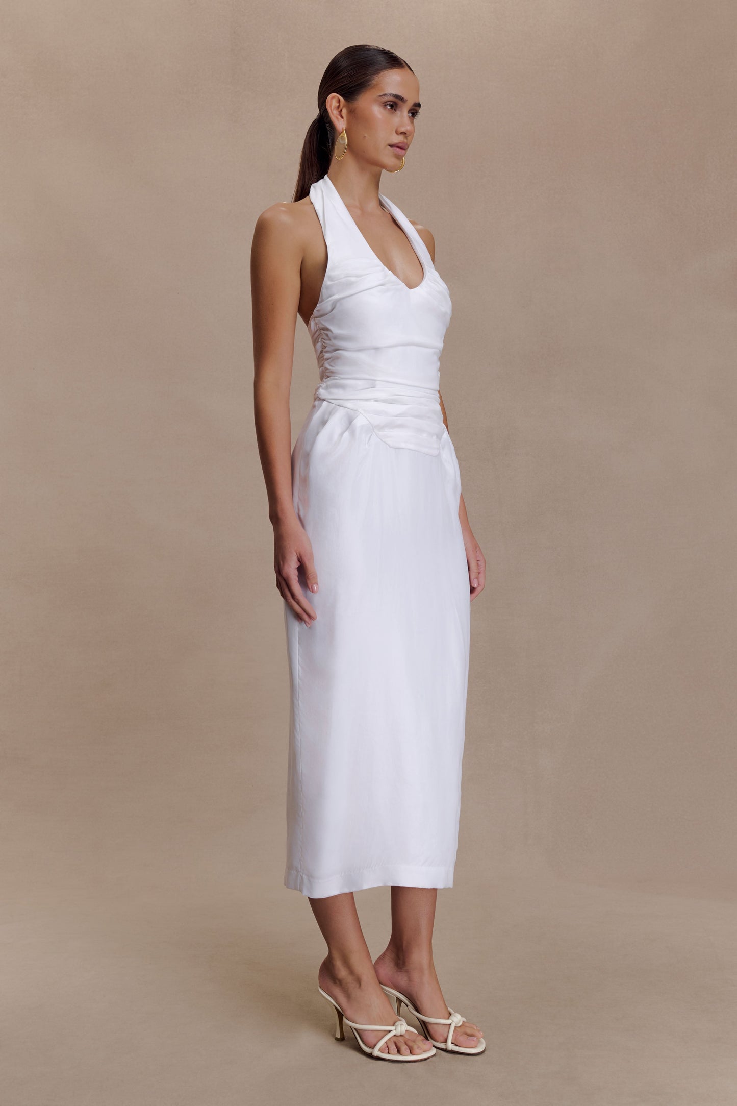 Daniela Büzgülü Halter Midi Elbise - Beyaz