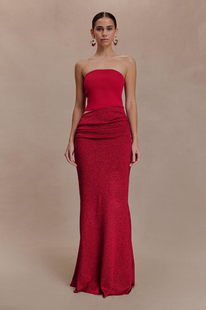 Jasiel Strapless Örgü Maksi Elbise - Kırmızı