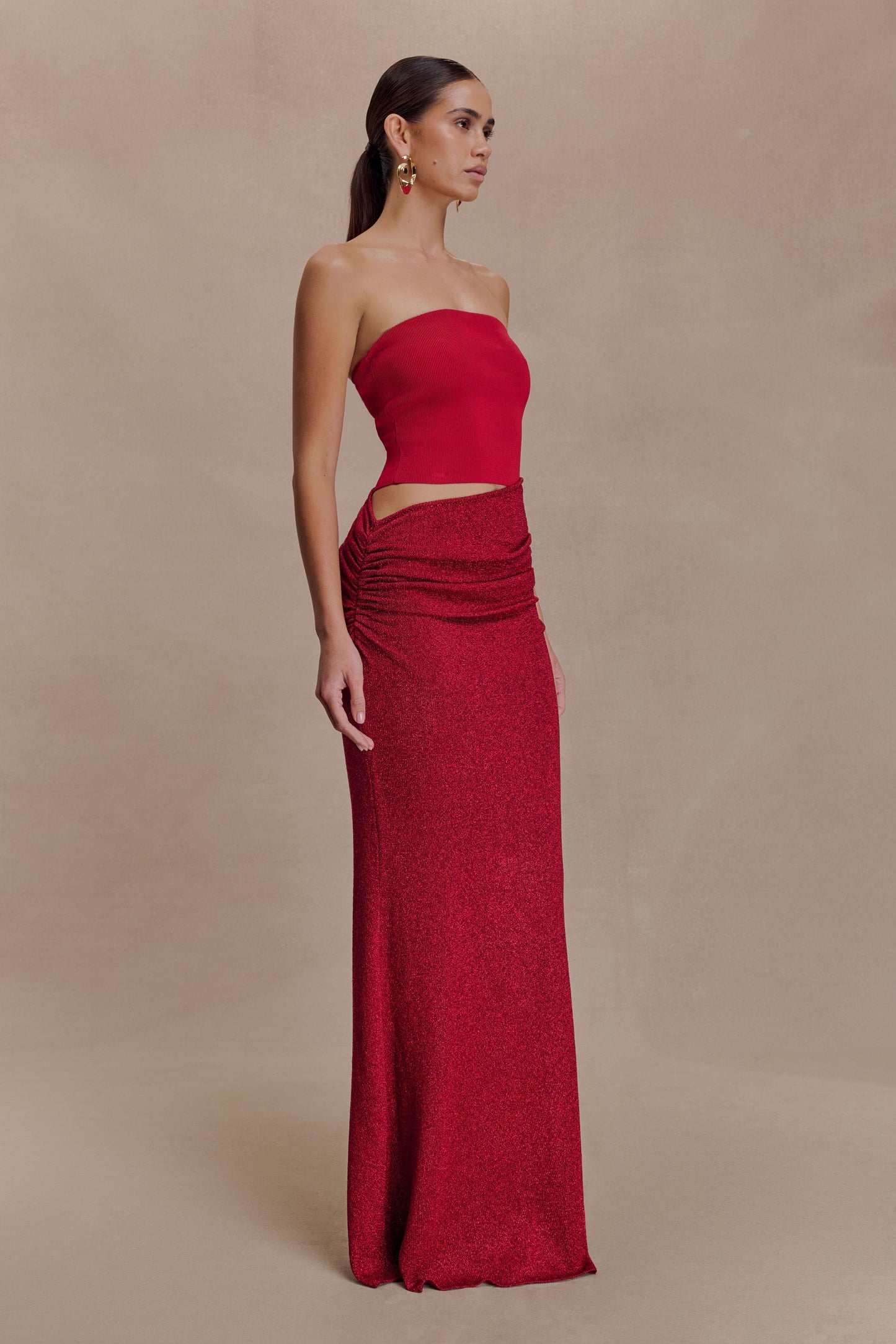 Jasiel Strapless Örgü Maksi Elbise - Kırmızı