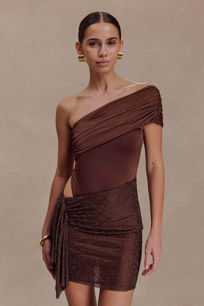 Paisley Slinky And Diamante Mini Dress - Chocolate