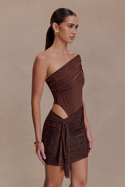 Paisley Slinky And Diamante Mini Dress - Chocolate