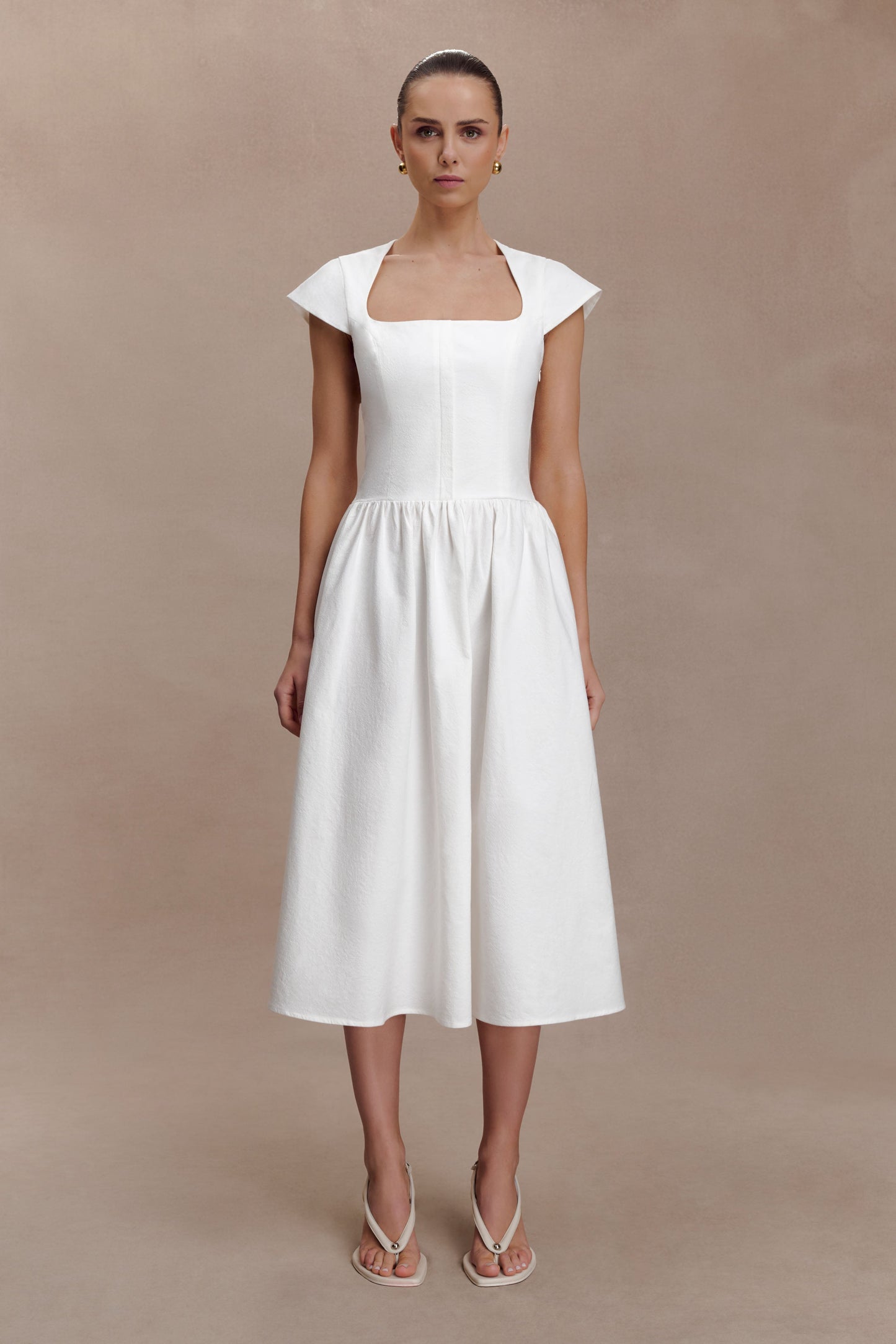 Ayla Pamuklu Fit & Flare Midi Elbise - Beyaz