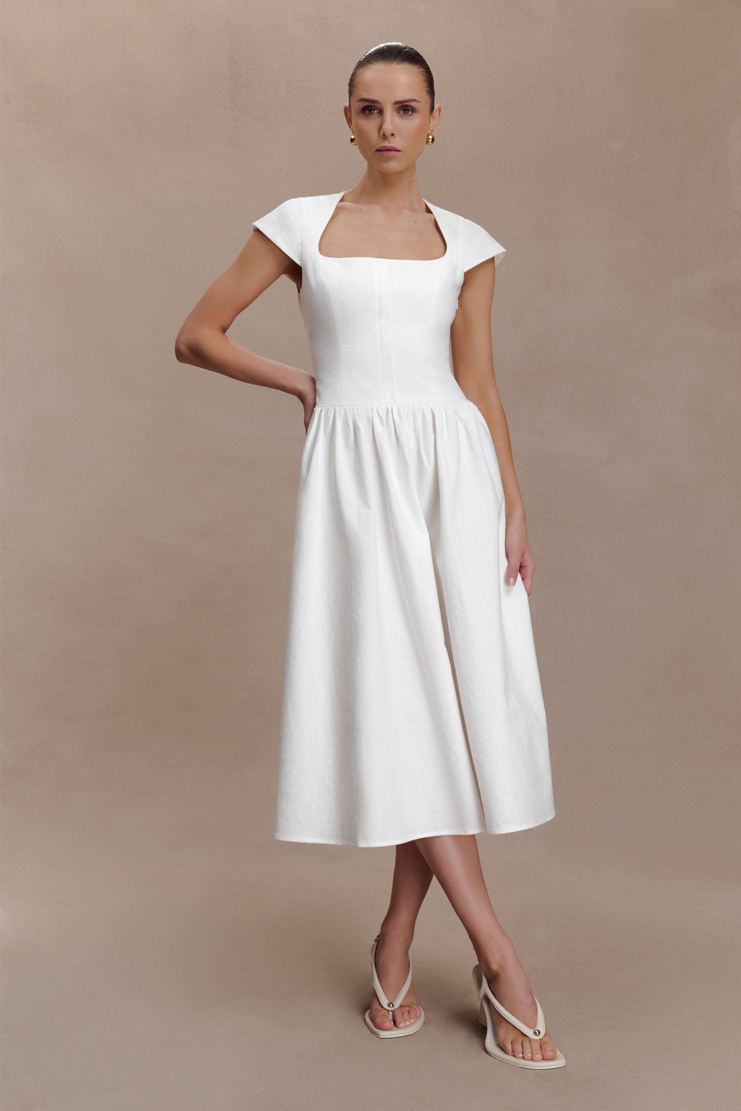 Ayla Pamuklu Fit & Flare Midi Elbise - Beyaz