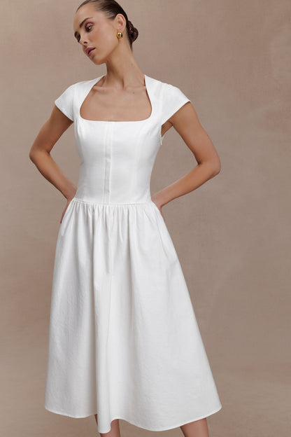 Ayla Pamuklu Fit & Flare Midi Elbise - Beyaz