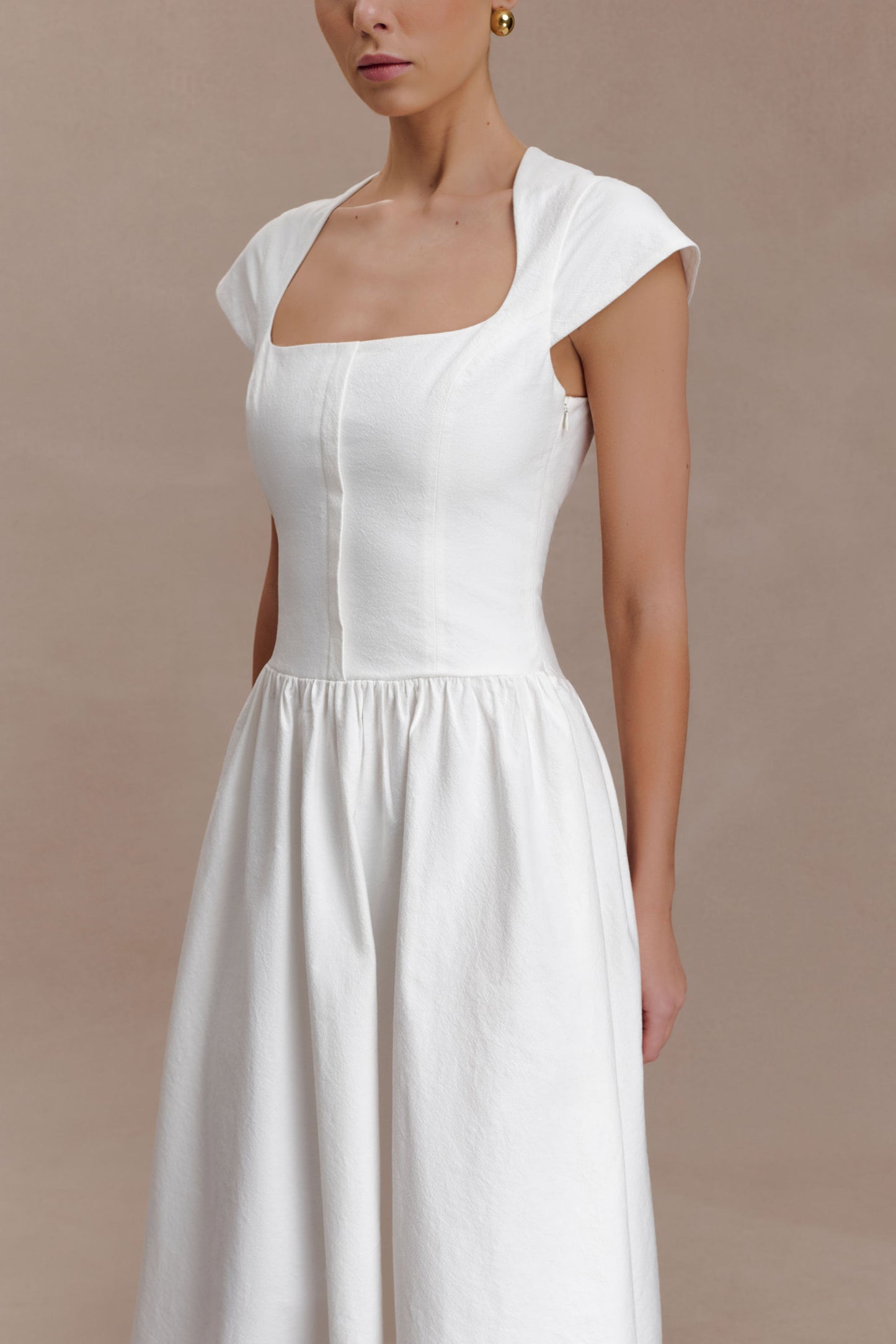 Ayla Pamuklu Fit & Flare Midi Elbise - Beyaz