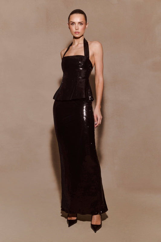 Bertie Payetli Peplum Halter Maksi Elbise - Siyah
