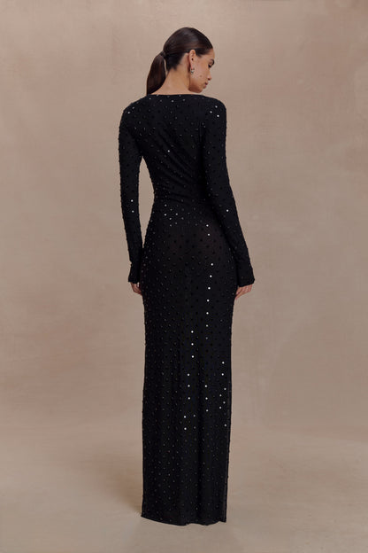 Acadia Diamante Long Sleeve Maxi Dress - Black