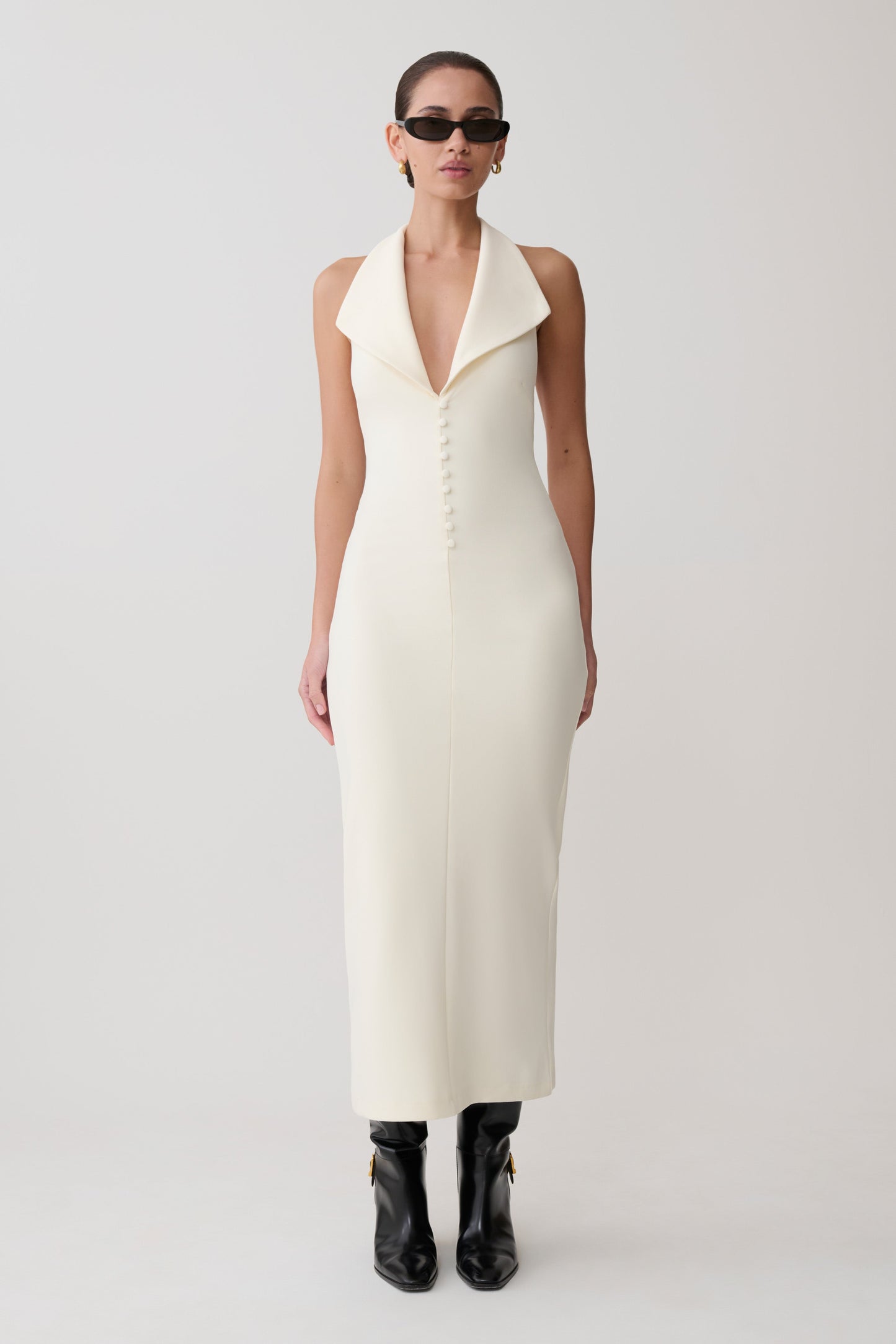 Annita Krep Halter Midi Elbise - Krem