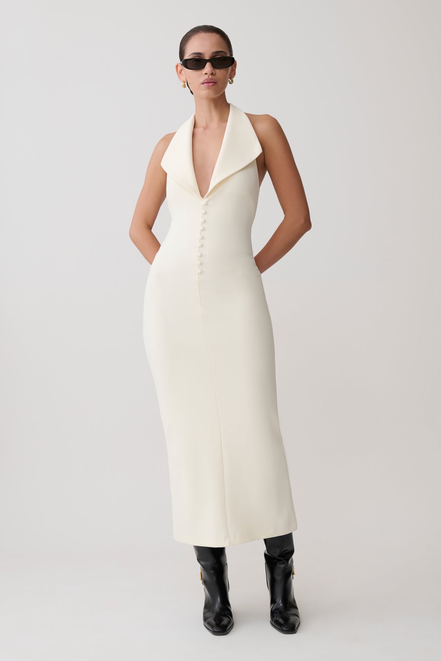Annita Krep Halter Midi Elbise - Krem
