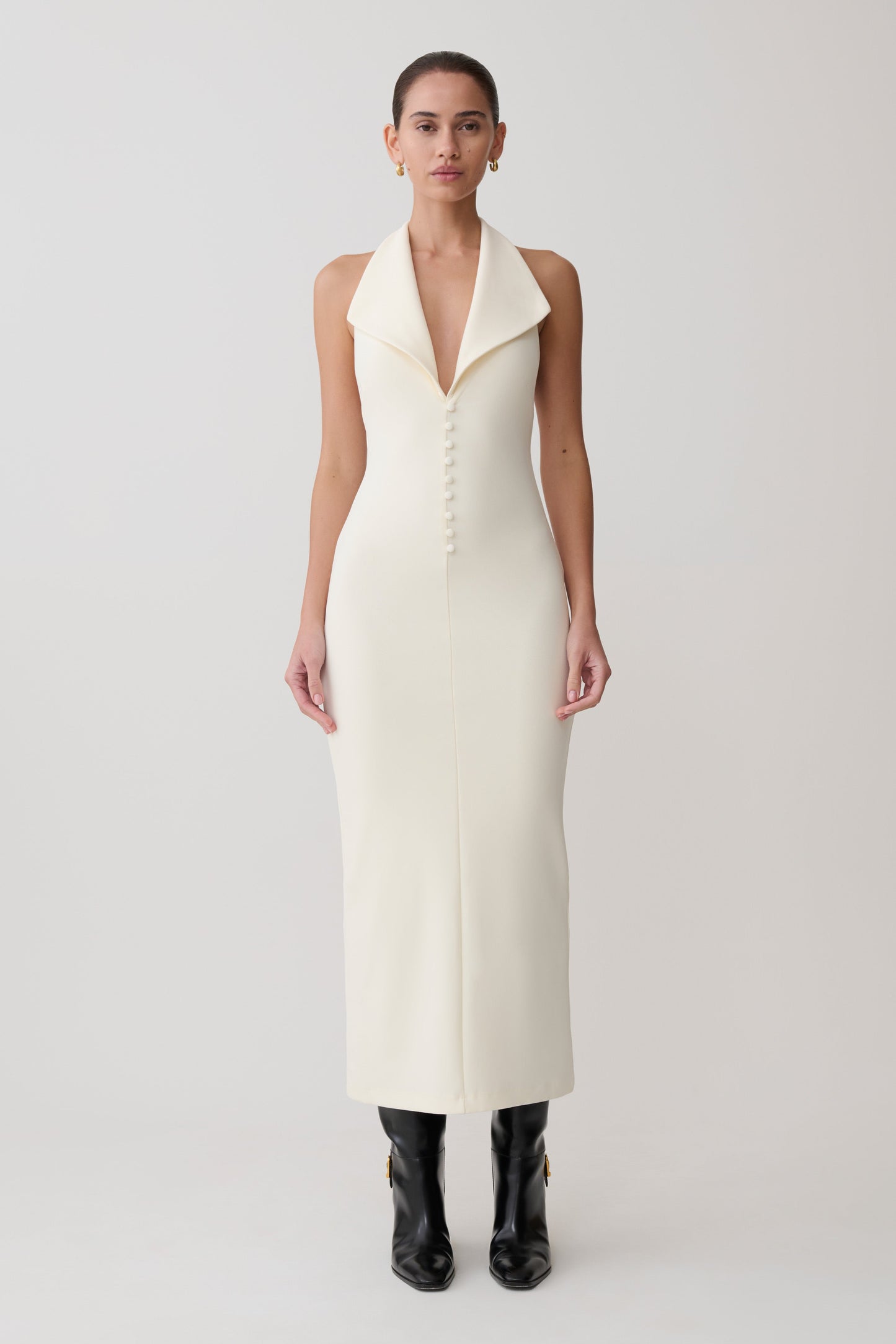Annita Krep Halter Midi Elbise - Krem