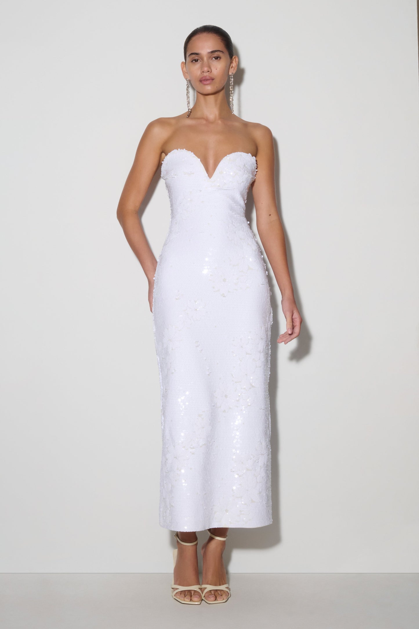 Maisie Strapless Payetli Midi Elbise - Beyaz