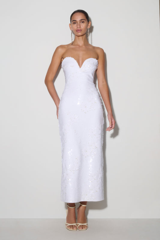 Maisie Strapless Payetli Midi Elbise - Beyaz