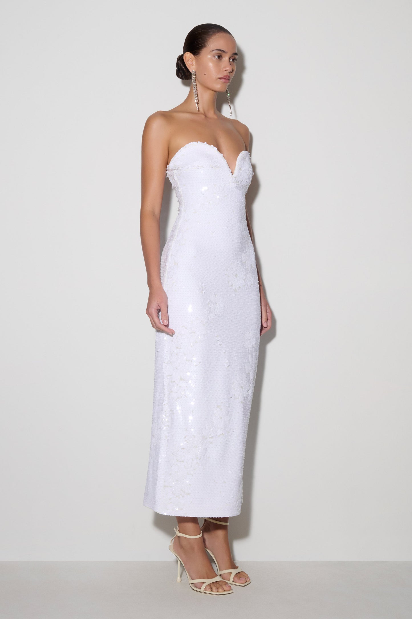 Maisie Strapless Payetli Midi Elbise - Beyaz