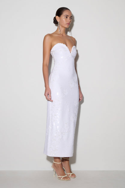 Maisie Strapless Payetli Midi Elbise - Beyaz