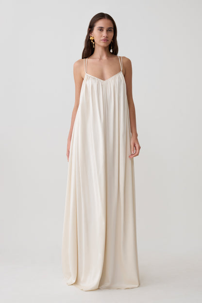 Adriana Satin Gathered Maxi Dress - Buttercream