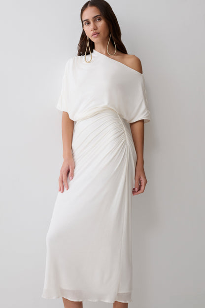 Alva Yün Lyosel Drape Midi Elbise - Beyaz