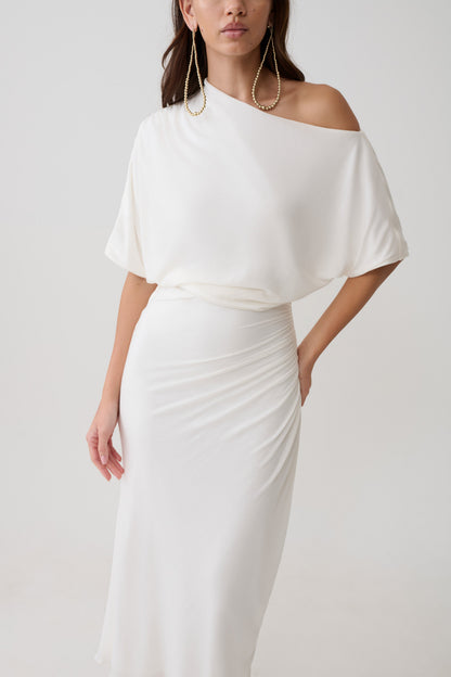 Alva Yün Lyosel Drape Midi Elbise - Beyaz