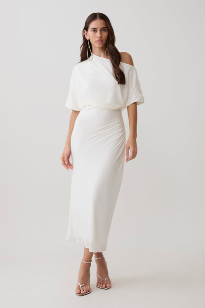 Alva Yün Lyosel Drape Midi Elbise - Beyaz