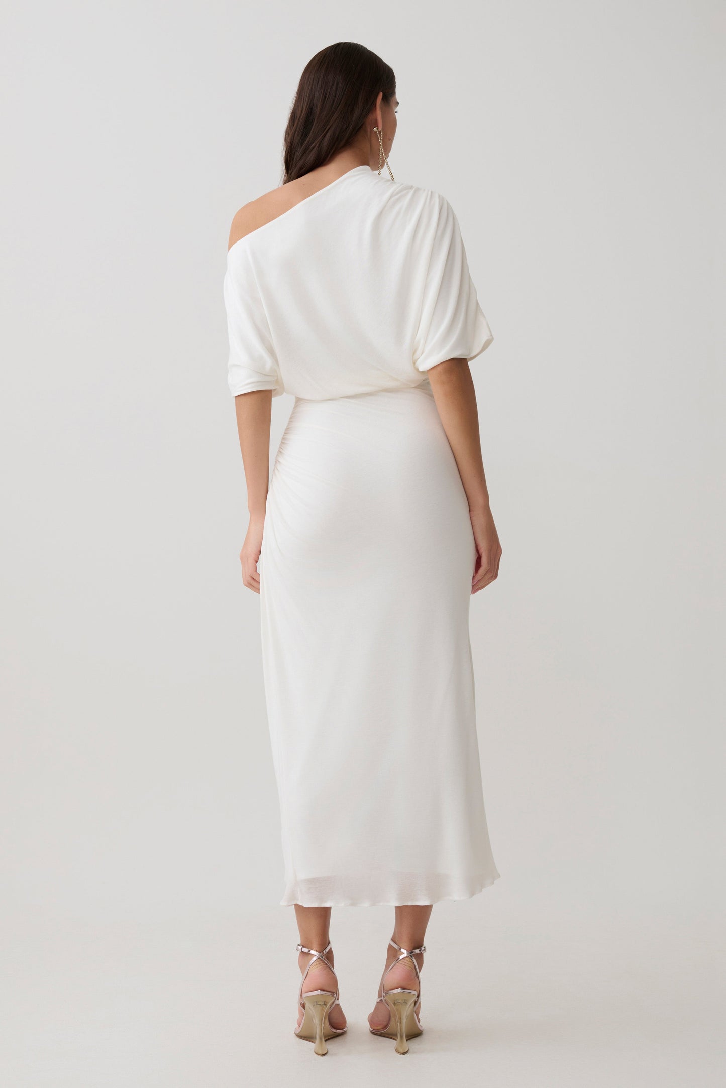 Alva Yün Lyosel Drape Midi Elbise - Beyaz