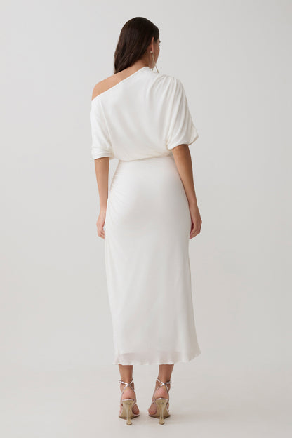 Alva Yün Lyosel Drape Midi Elbise - Beyaz