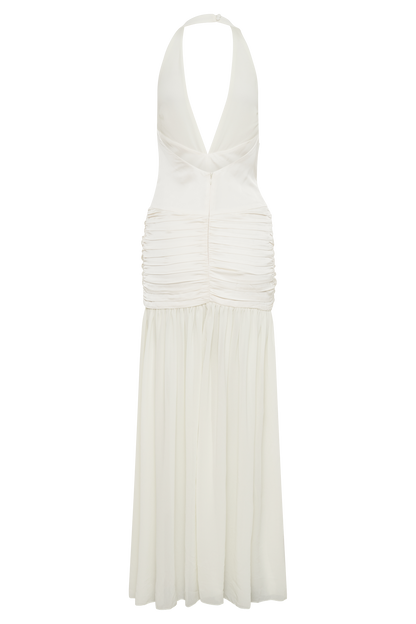 Graziana Satin Chiffon Plunge Maxi Dress - Ivory