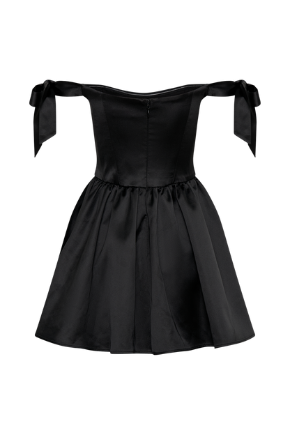 Rita Satin Mini Dress With Bow Sleeves - Black