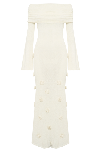 Kiki Off Shoulder Knit Rose Maxi Dress - Ivory