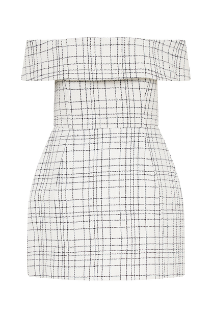 Helena Tweed Off Shoulder Mini Dress - White Check