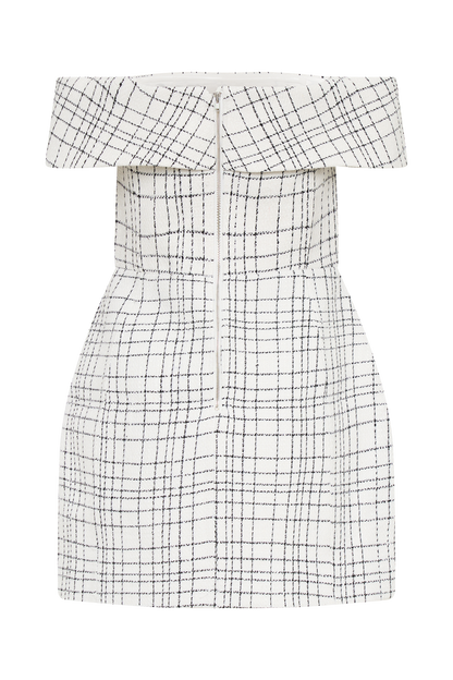 Helena Tweed Off Shoulder Mini Dress - White Check