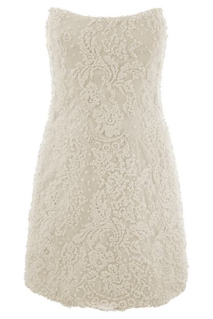 Eva El Yapımı Boncuklu İnci ve Dantel Mini Elbise - Beyaz