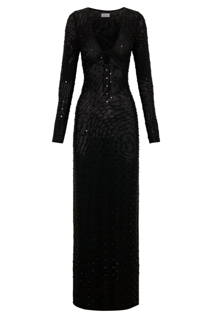 Acadia Diamante Long Sleeve Maxi Dress - Black