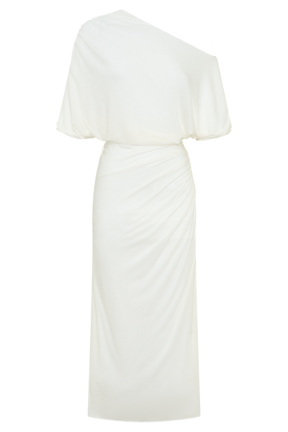 Alva Yün Lyosel Drape Midi Elbise - Beyaz