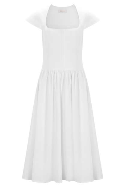 Ayla Pamuklu Fit & Flare Midi Elbise - Beyaz