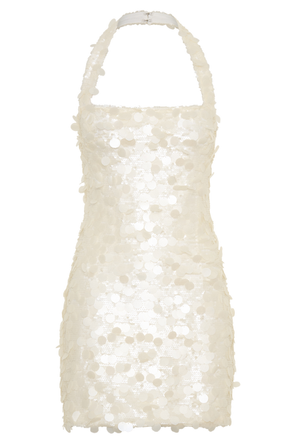 Caralee Payetli Halter Mini Elbise - Krem