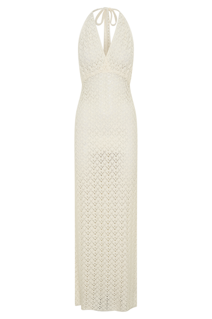 Deeliah Halterneck Tığ İşleme Maxi Elbise - Krem