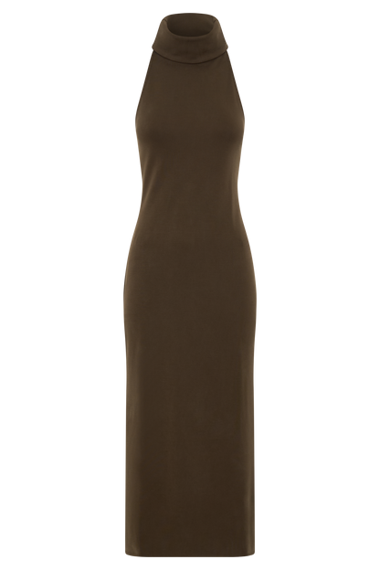 Kennedy High Neck Midi Dress - Chocolate