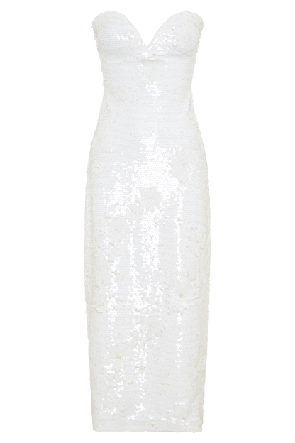 Maisie Strapless Payetli Midi Elbise - Beyaz