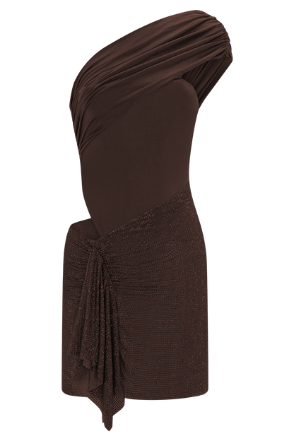 Paisley Slinky And Diamante Mini Dress - Chocolate