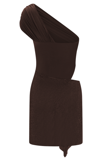 Paisley Slinky And Diamante Mini Dress - Chocolate