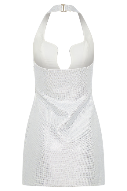 Raina Elmas Taşlı Halter Mini Elbise - Beyaz