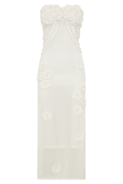 Samantha Crochet Midi Dress With Flowers - Ivory