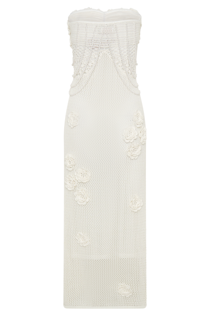 Samantha Crochet Midi Dress With Flowers - Ivory