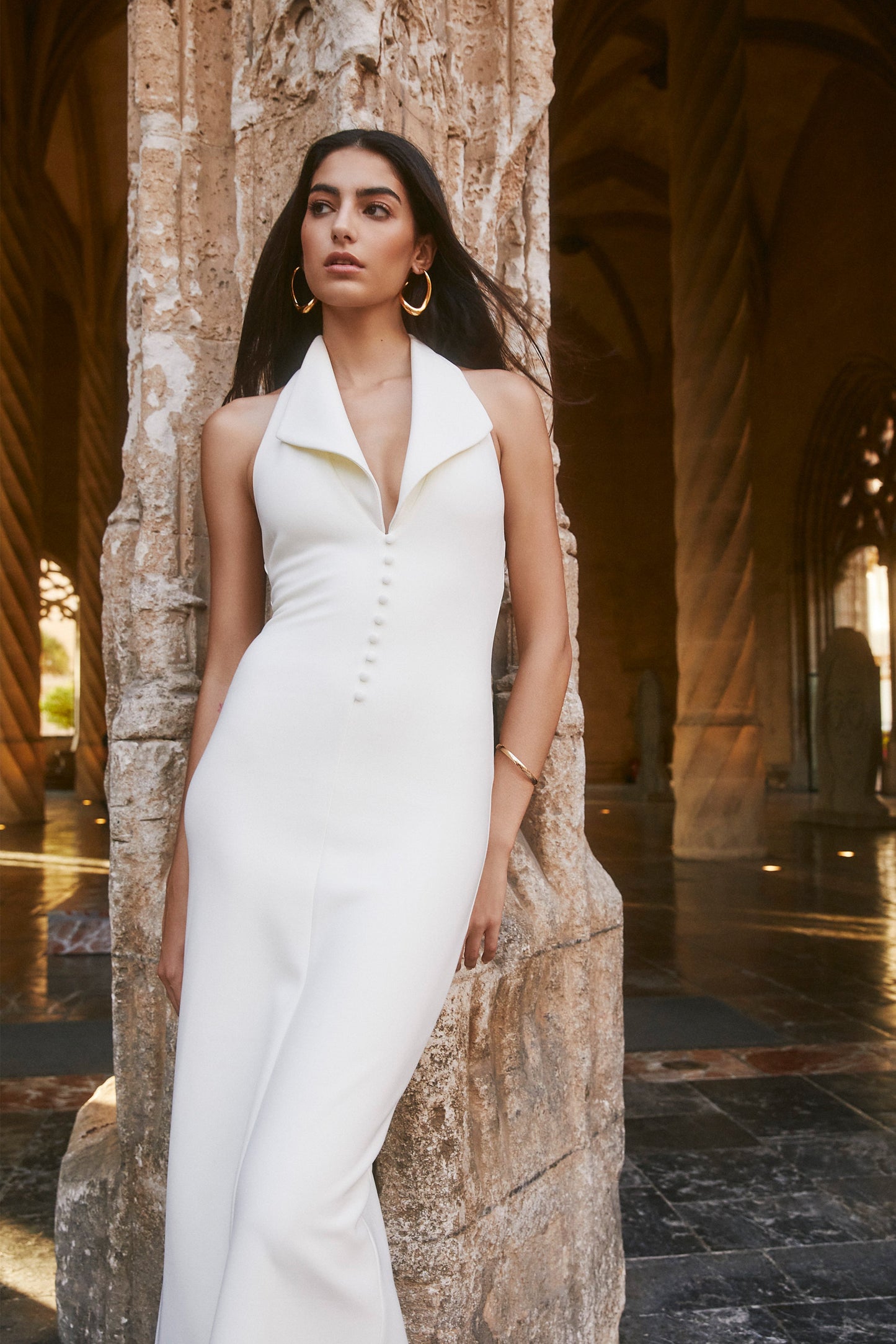 Annita Krep Halter Midi Elbise - Krem