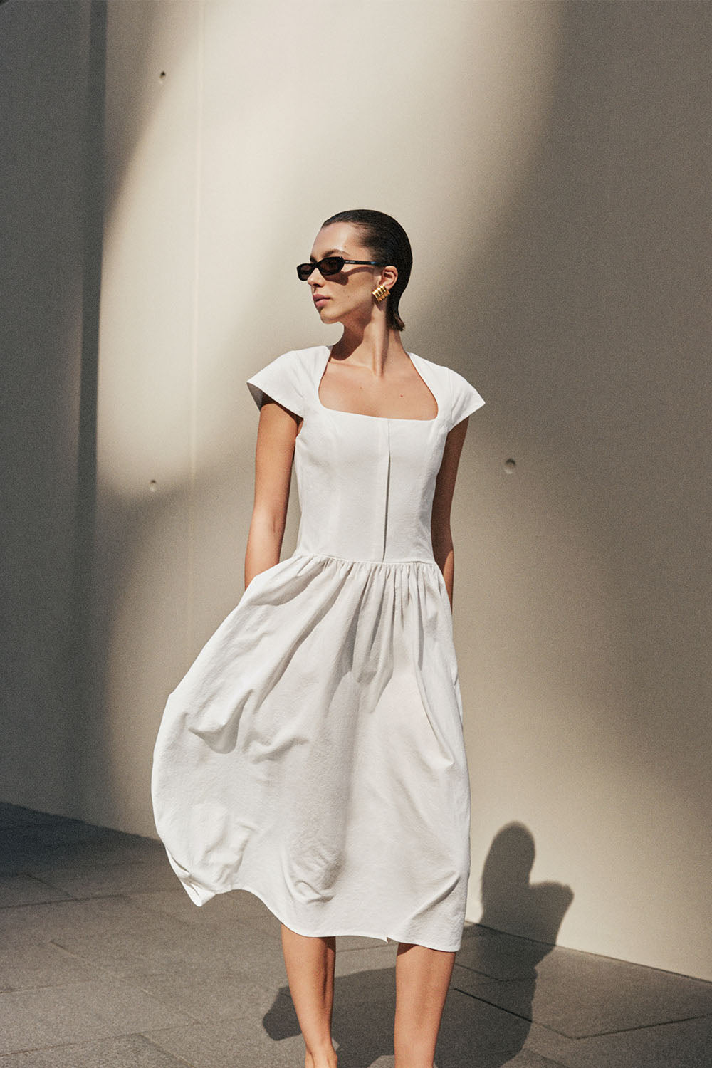 Ayla Pamuklu Fit & Flare Midi Elbise - Beyaz